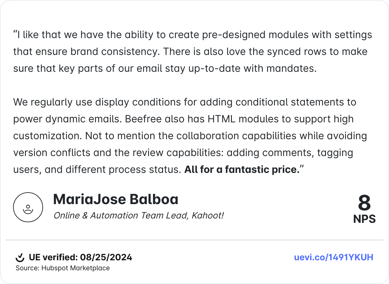MariaJose Balboa rates Beefree 8 NPS, praising its customization, synced rows, and collaboration features.
