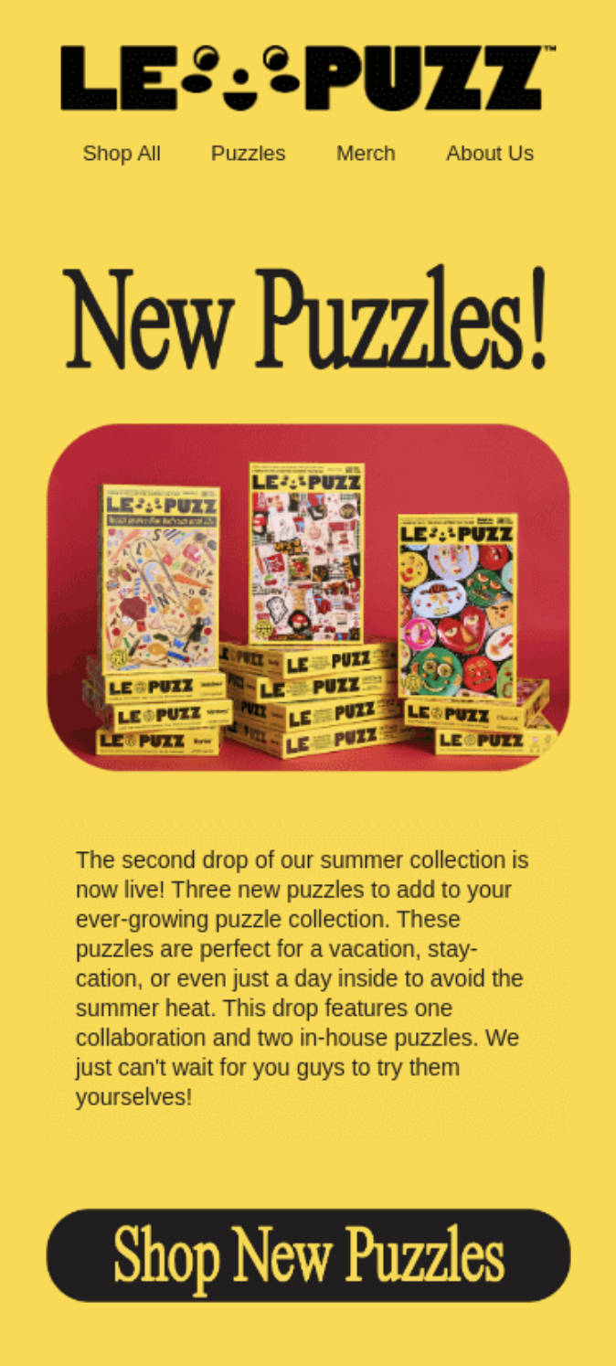 Colorful Le Puzz summer puzzle boxes displayed against a red background.